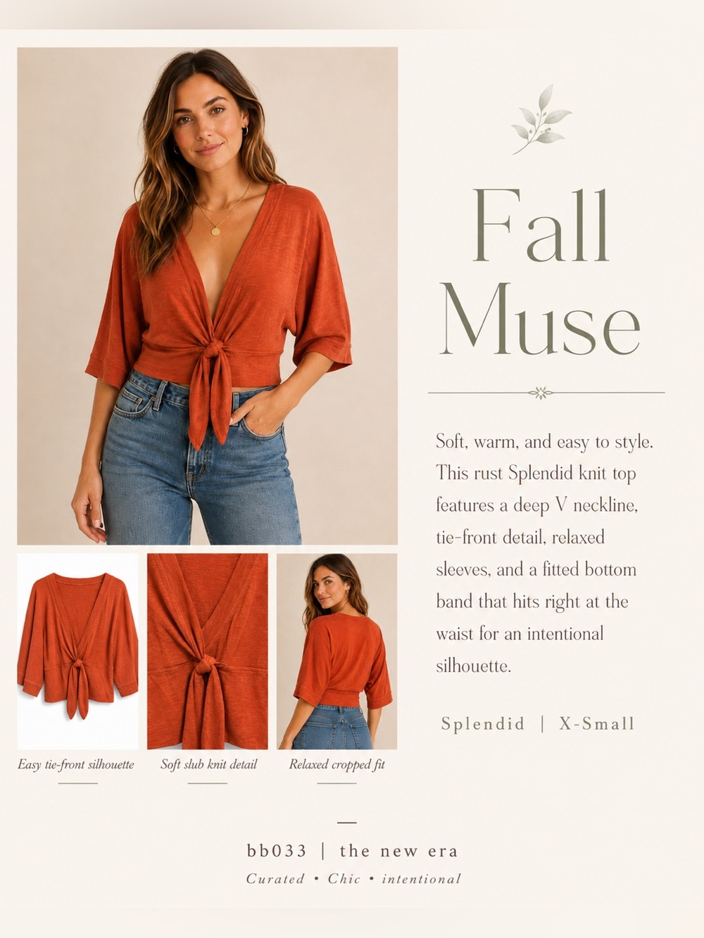 Splendid Rust Tie Front Deep V Knit Top | XS